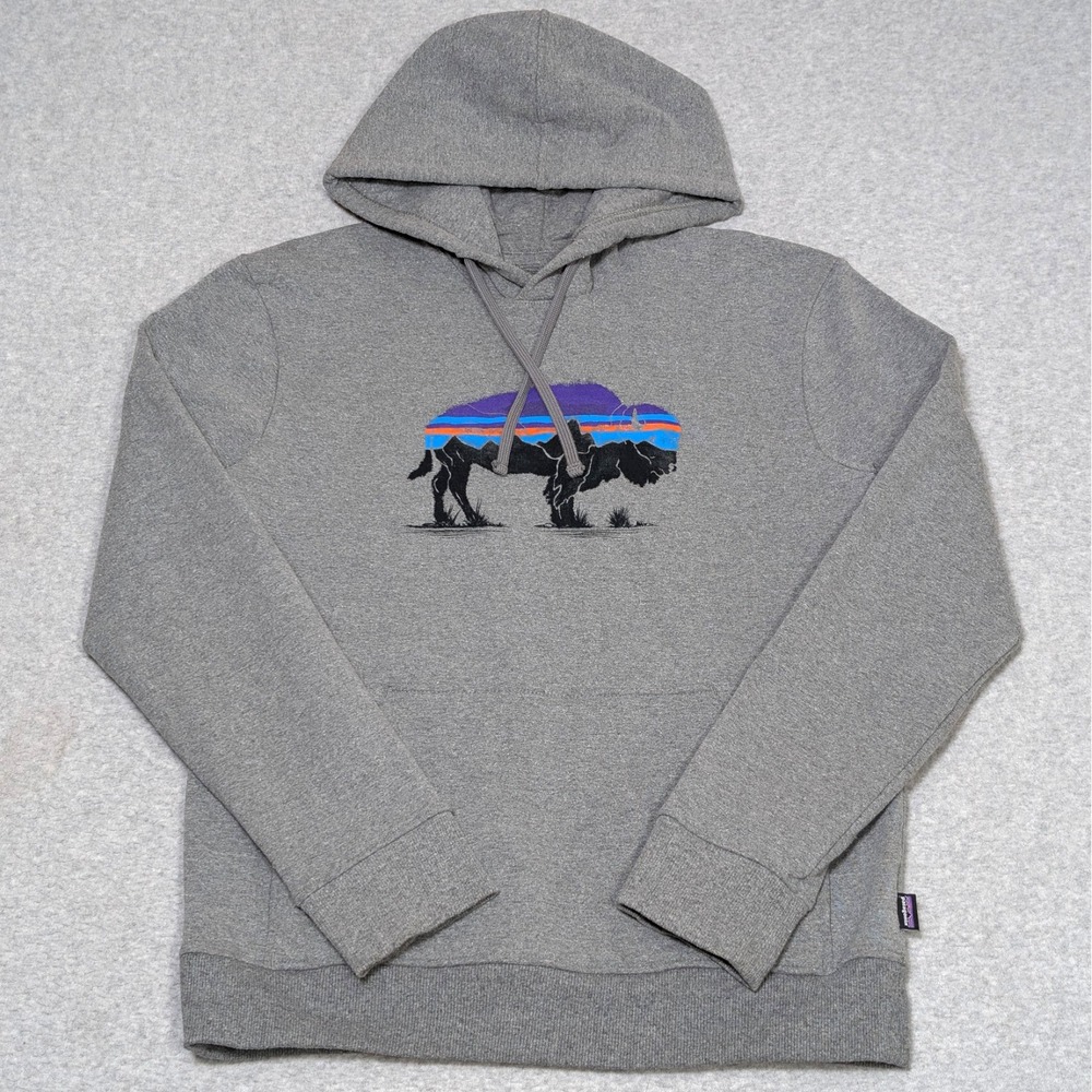 Patagonia Uprisal Hoodie Mens Small Gray Fitz Roy Bison Graphic Pullover